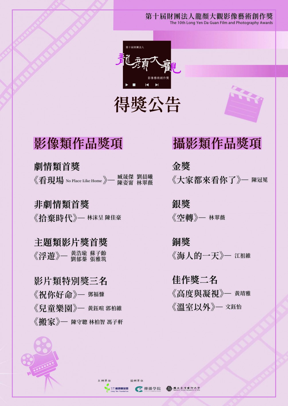 第十屆龍顏大觀影像創作獎 得獎公告